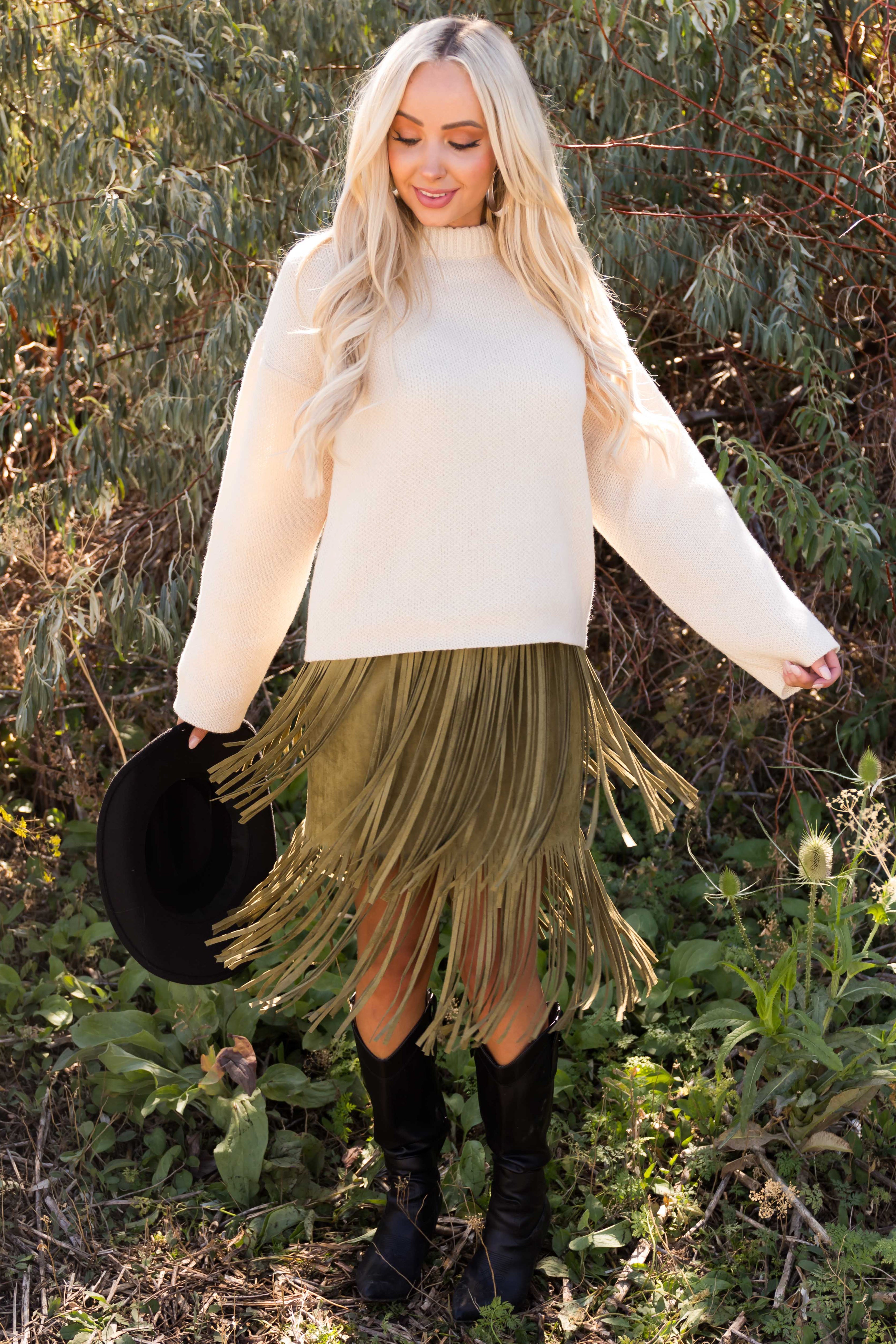 Olive Suede Tiered Fringe Skirt Lime Lush Boutique