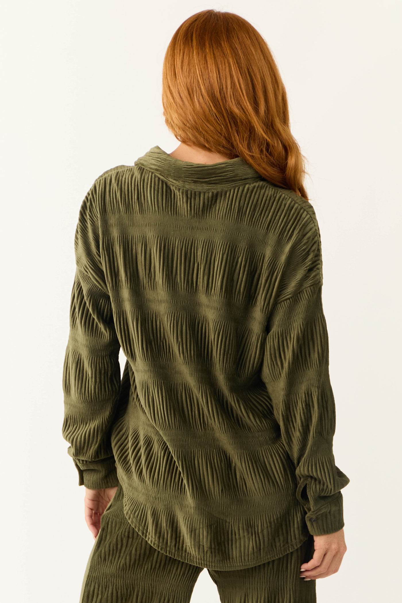 Olive Super Soft Crinkle Velvet Button Top