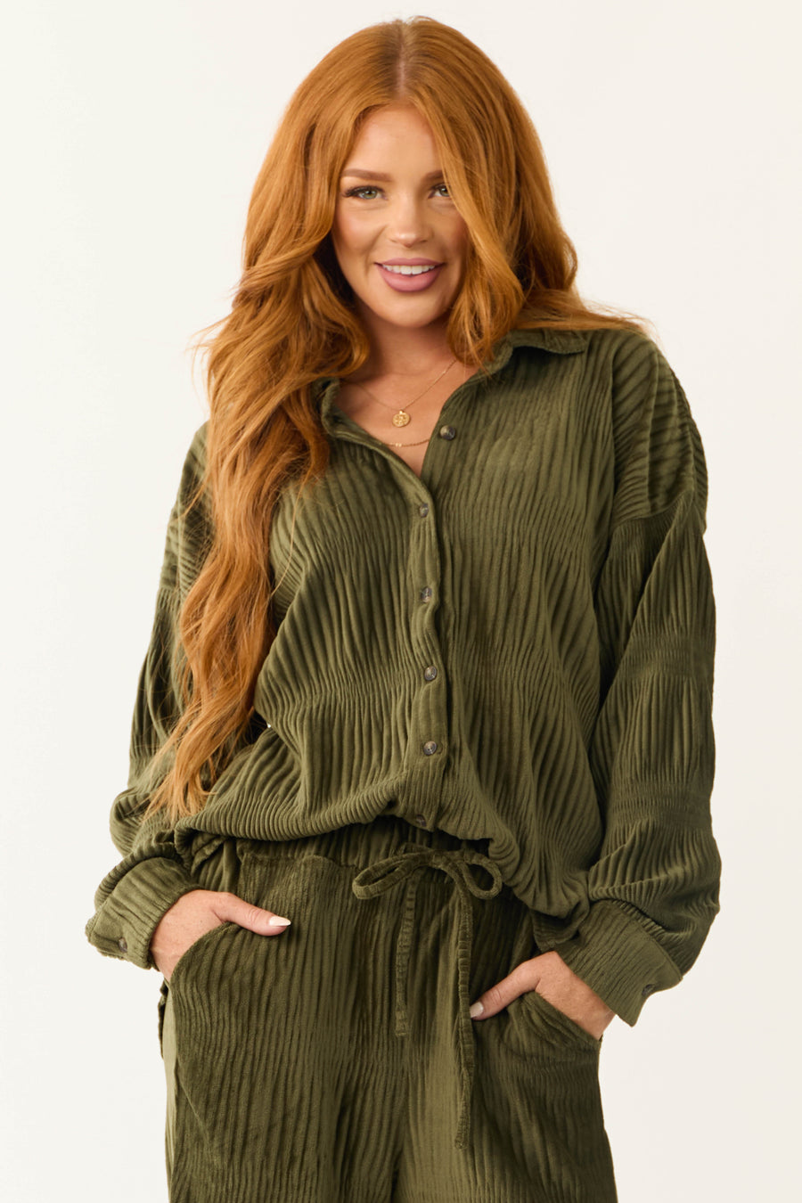 Olive Super Soft Crinkle Velvet Button Top