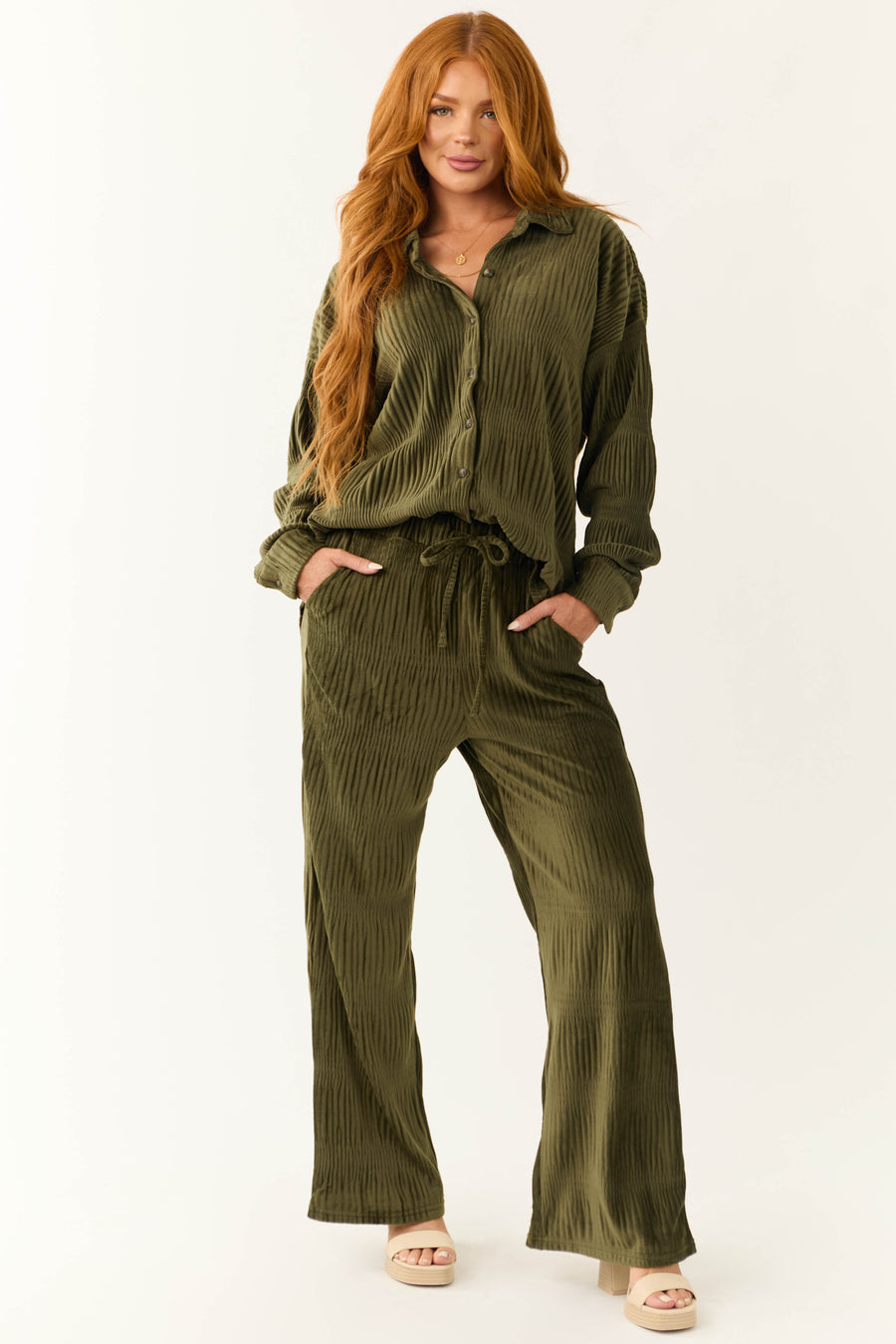 Olive Super Soft Crinkle Velvet Button Top