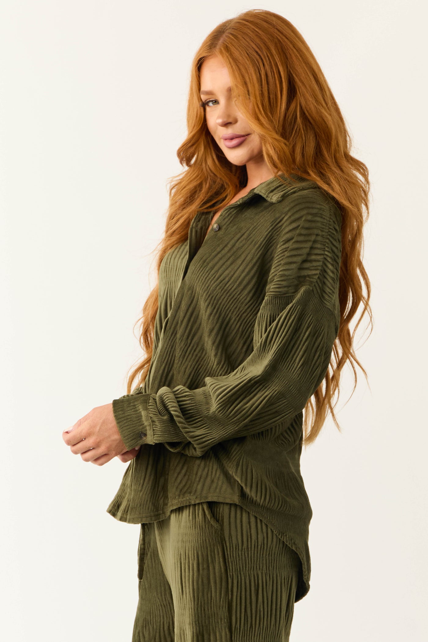 Olive Super Soft Crinkle Velvet Button Top