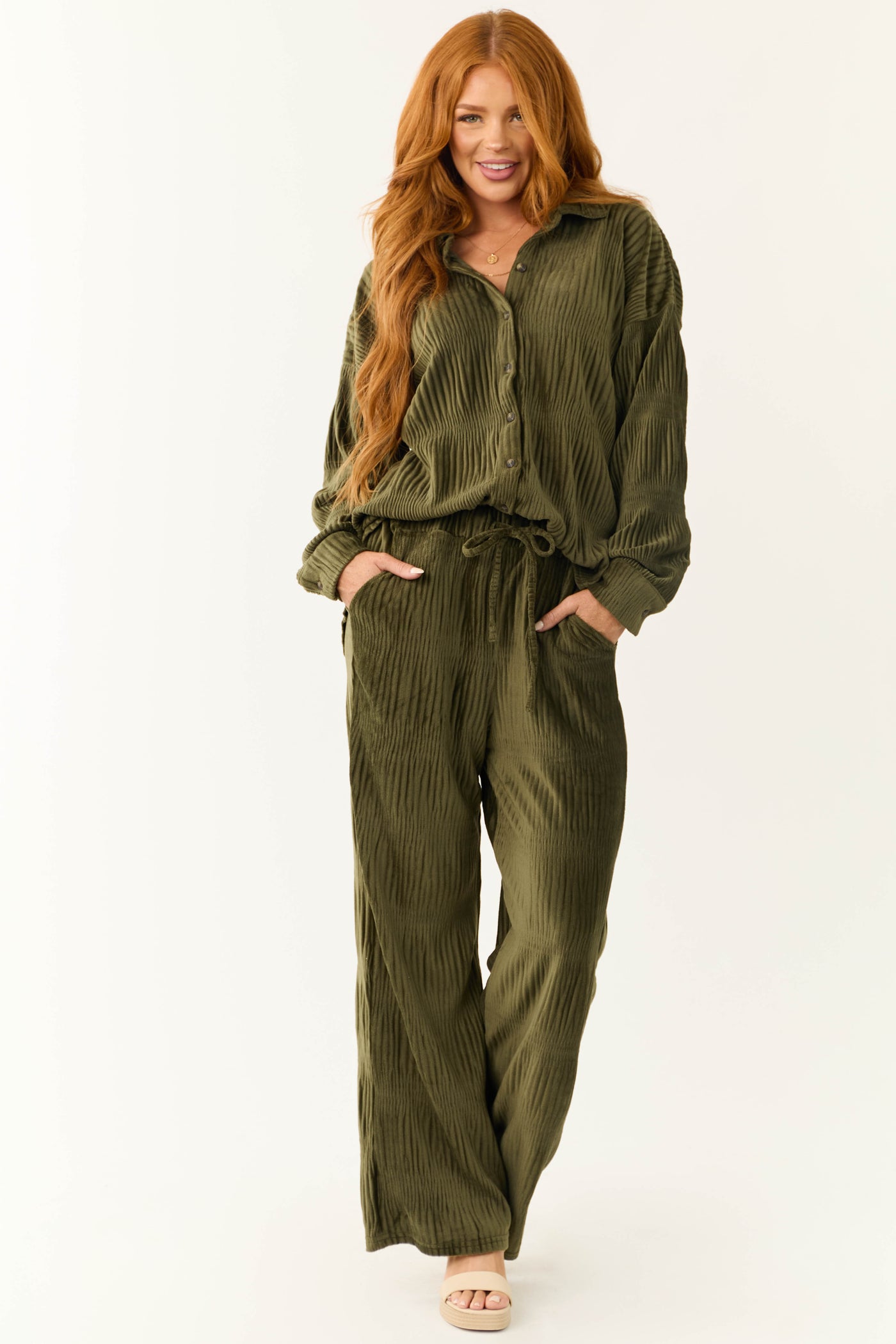 Olive Super Soft Crinkle Velvet Wide Pants