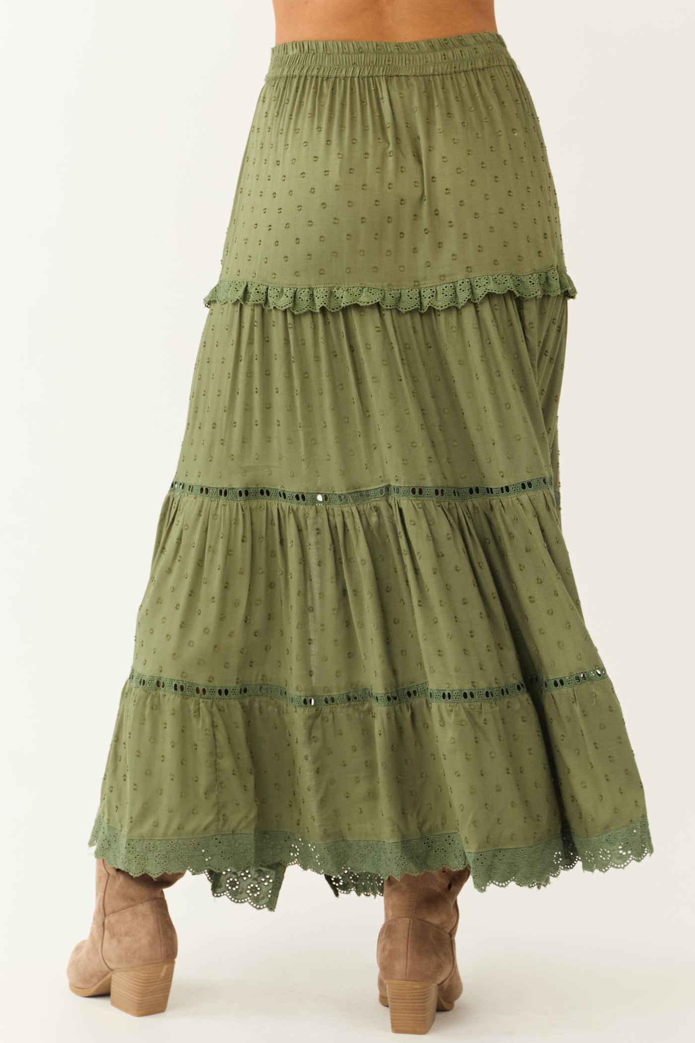 Olive Swiss Dot Front Slit Tiered Maxi Skirt