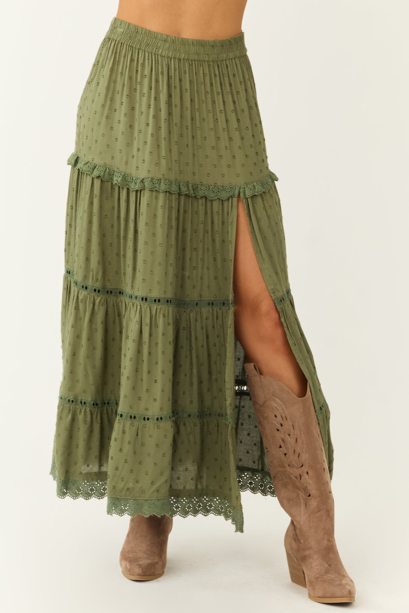 Olive Swiss Dot Front Slit Tiered Maxi Skirt