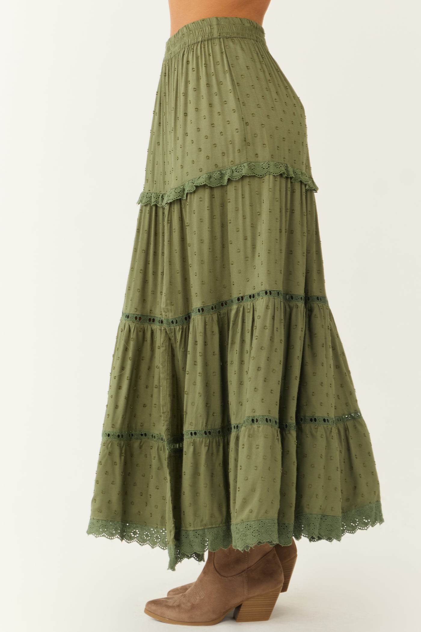 Olive Swiss Dot Front Slit Tiered Maxi Skirt