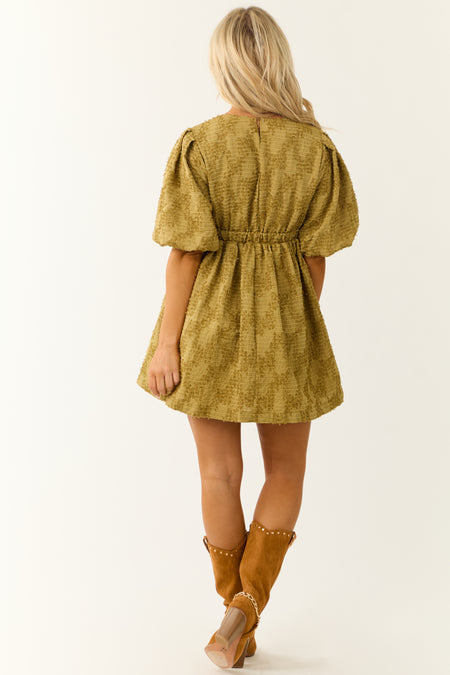 Olive Textured Half Puff Sleeve Mini Dress