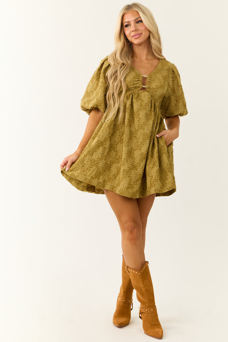 Olive Textured Half Puff Sleeve Mini Dress