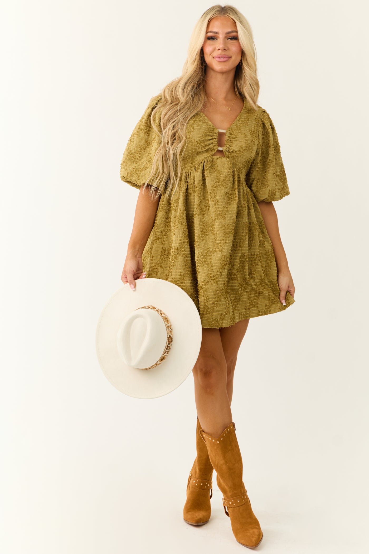 Olive Textured Half Puff Sleeve Mini Dress