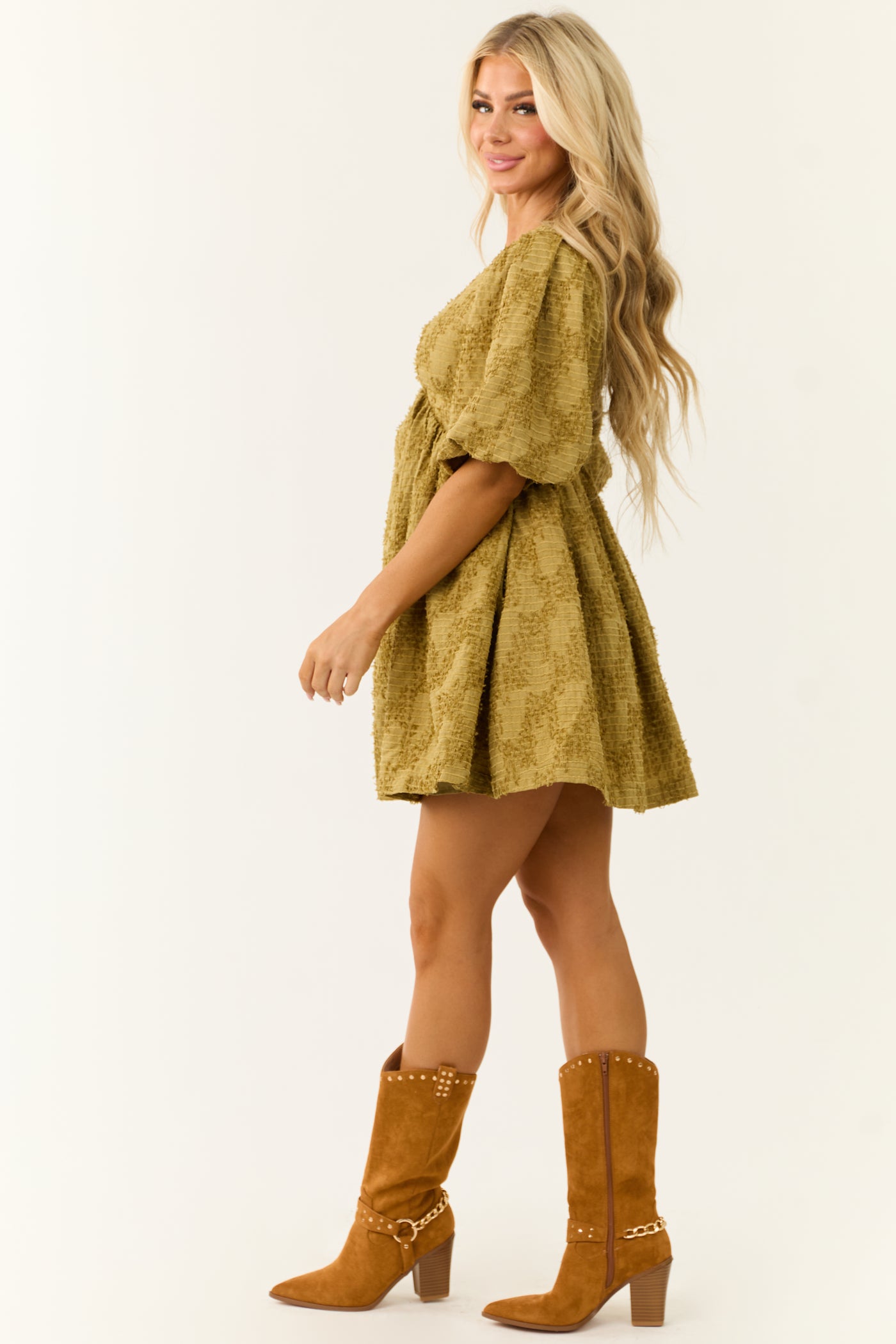 Olive Textured Half Puff Sleeve Mini Dress