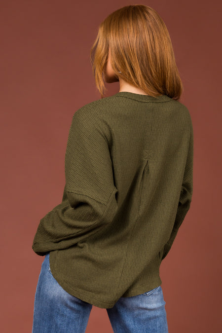 Olive Textured Knit Long Sleeve Henley Top