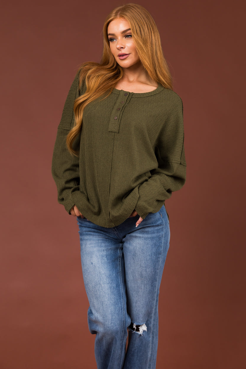 Olive Textured Knit Long Sleeve Henley Top