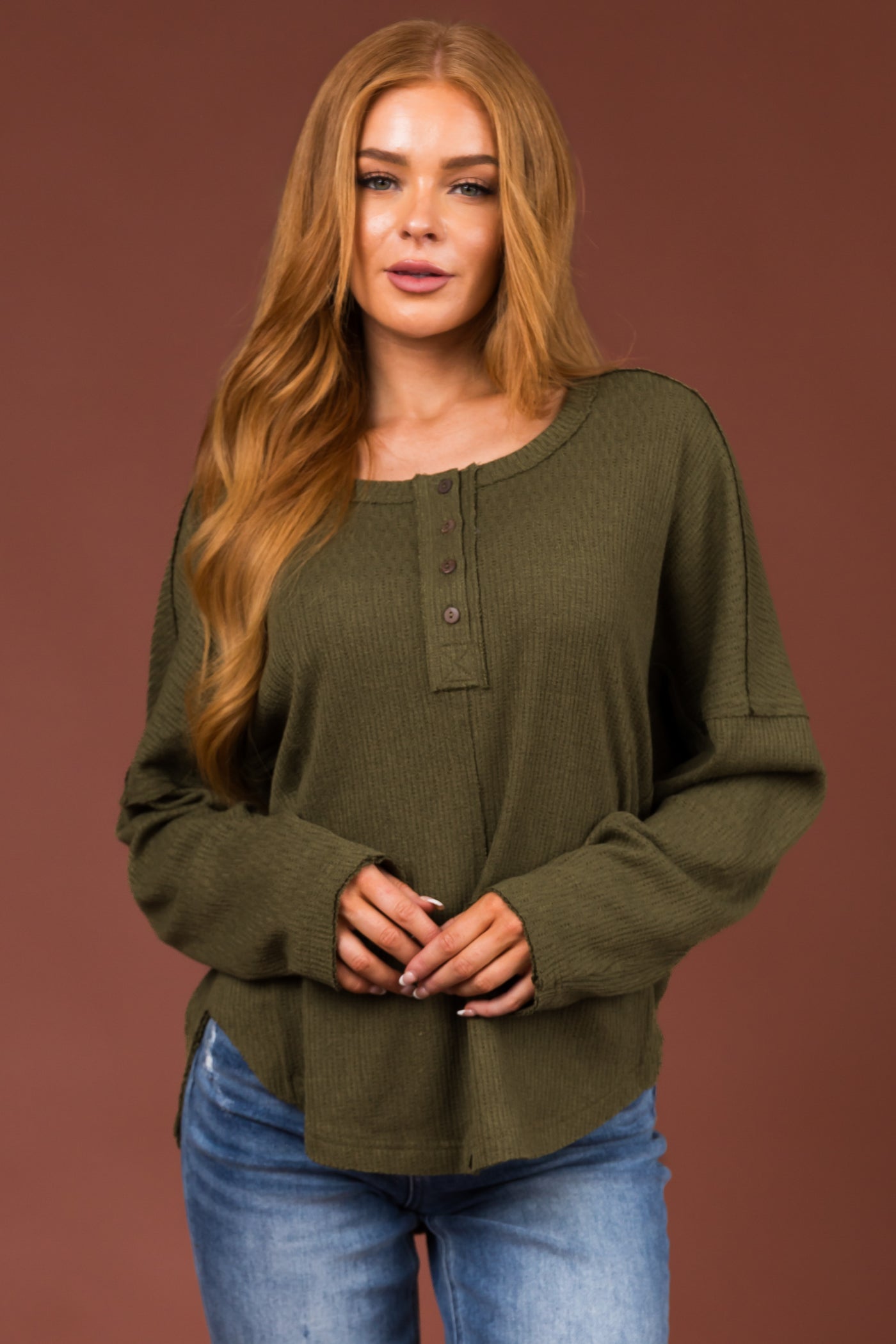 Olive Textured Knit Long Sleeve Henley Top