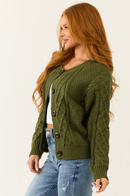 Olive Thick Cable Knit Button Cardigan