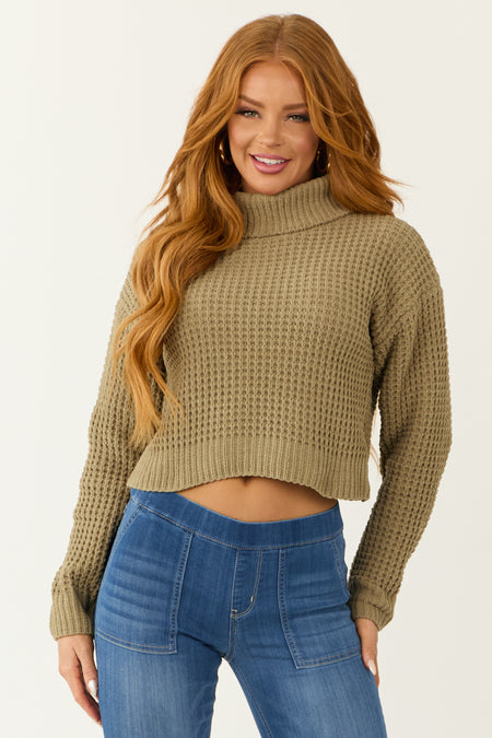 Olive Turtleneck Chenille Cropped Sweater