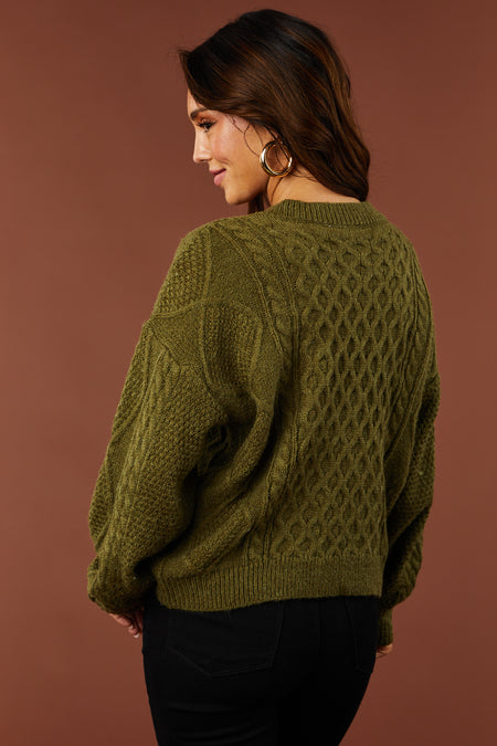 Olive V Neck Cable Knit Sweater