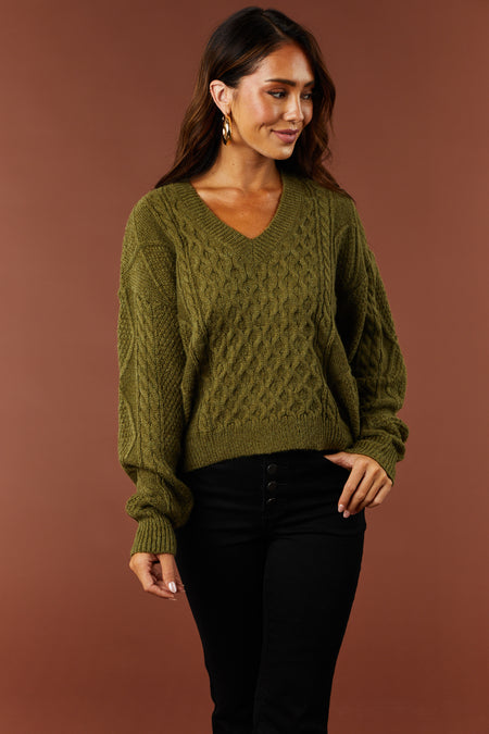 Olive V Neck Cable Knit Sweater