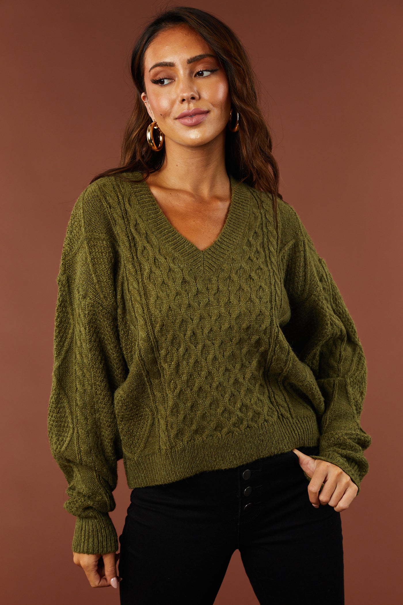 Olive V Neck Cable Knit Sweater