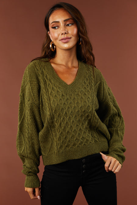 Olive V Neck Cable Knit Sweater