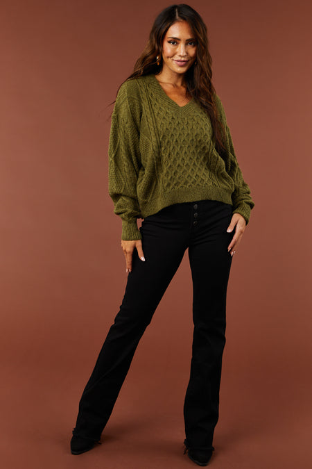 Olive V Neck Cable Knit Sweater