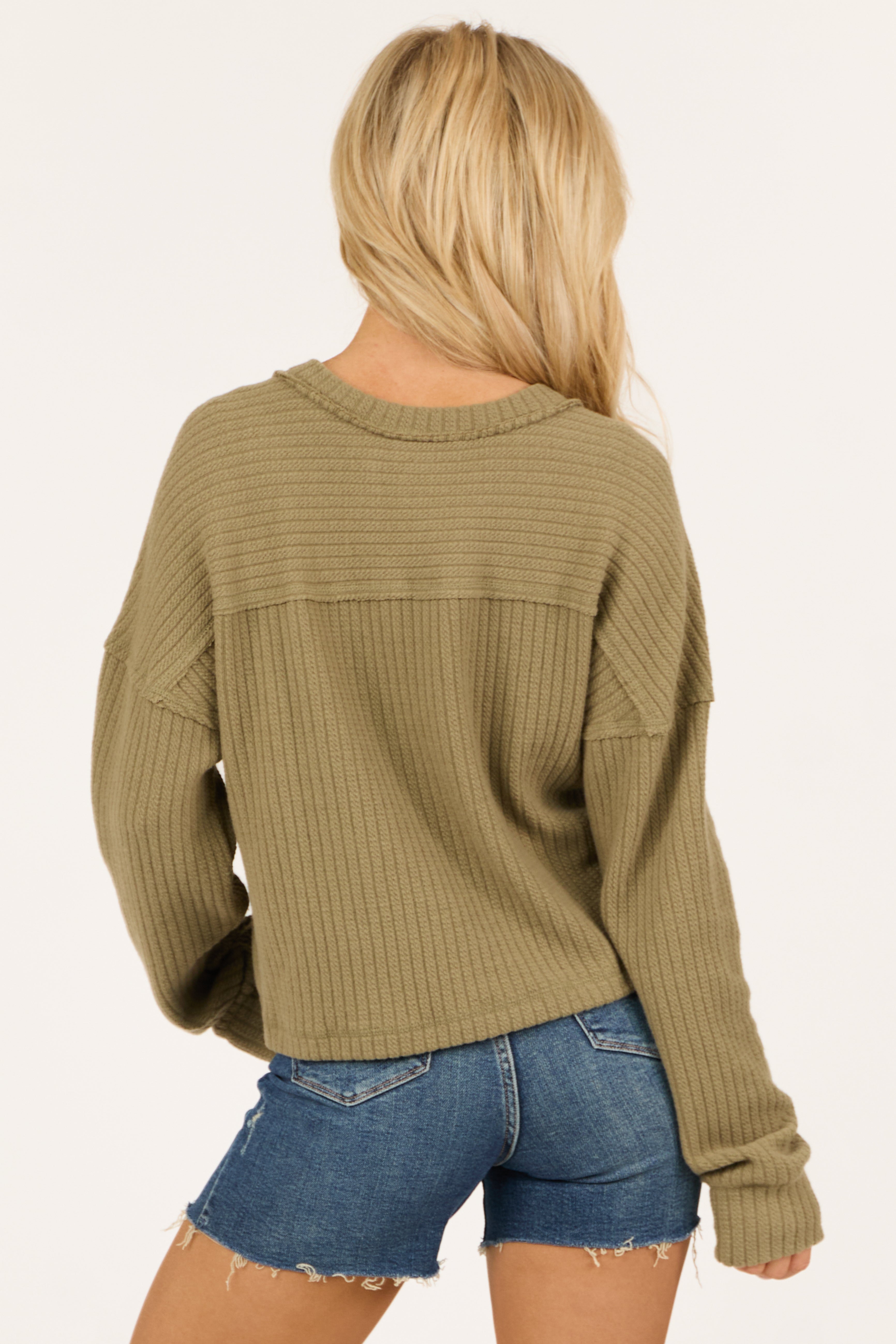 Olive V Neck Exposed Seam Ribbed Sweater