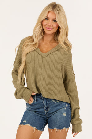 Olive V Neck Exposed Seam Ribbed Sweater