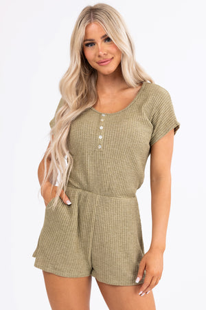 Olive Waffle Knit Button Front Romper