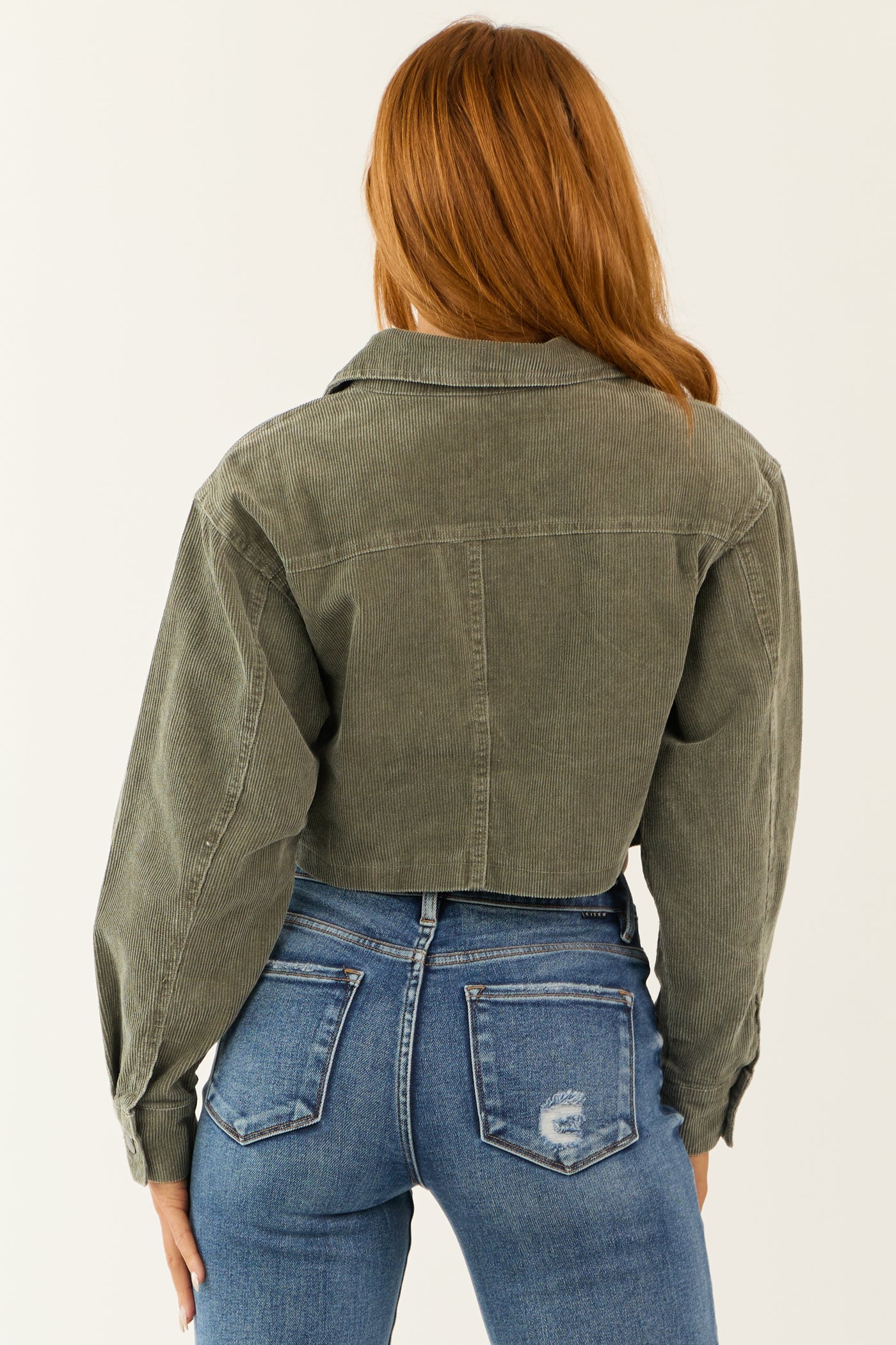 Olive Washed Corduroy Button Down Crop Jacket