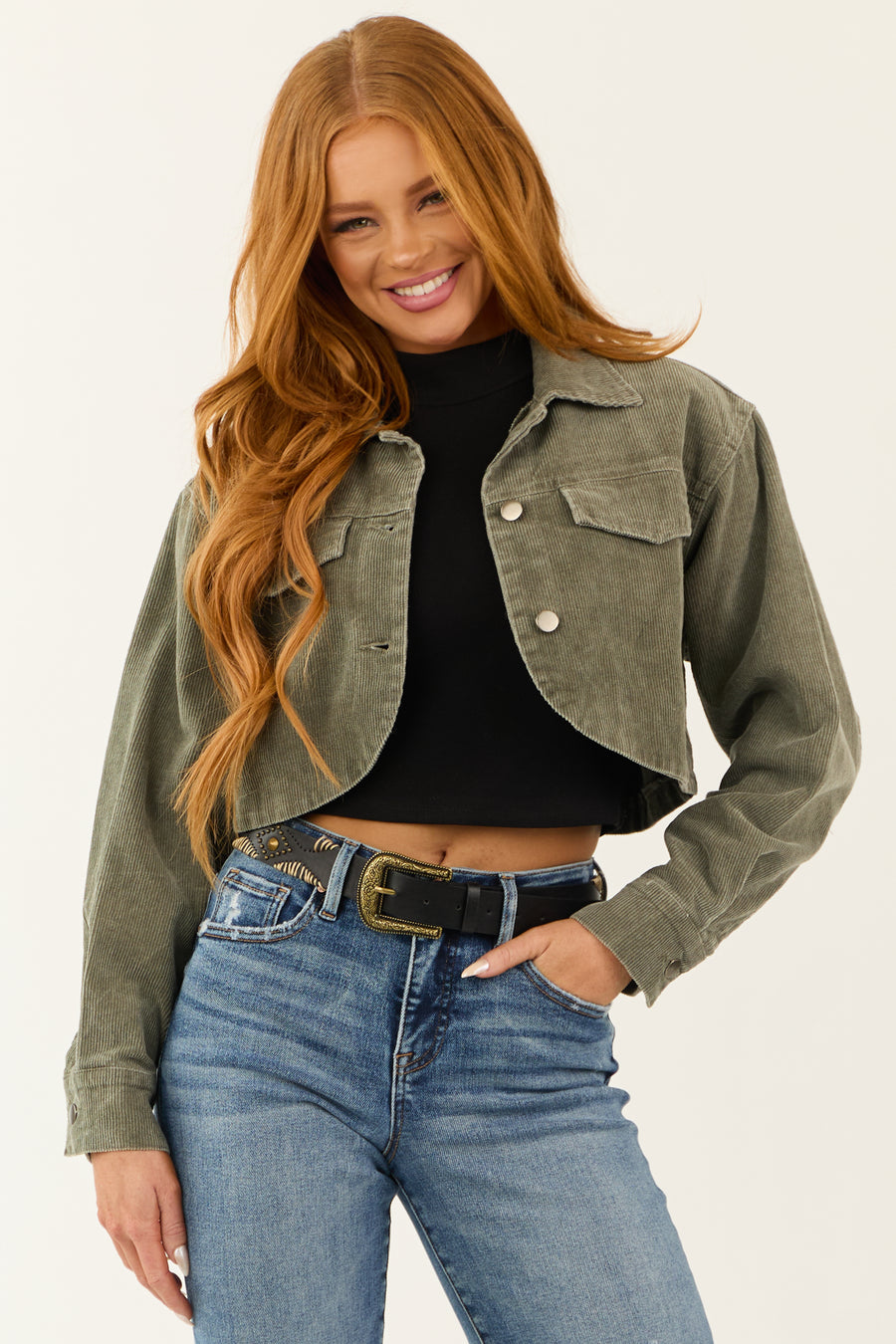 Olive Washed Corduroy Button Down Crop Jacket