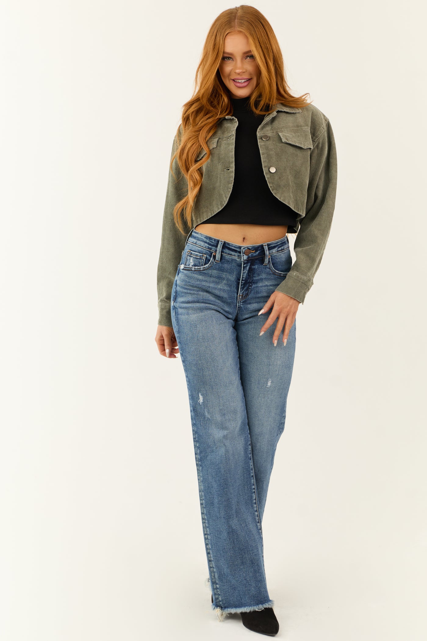 Olive Washed Corduroy Button Down Crop Jacket