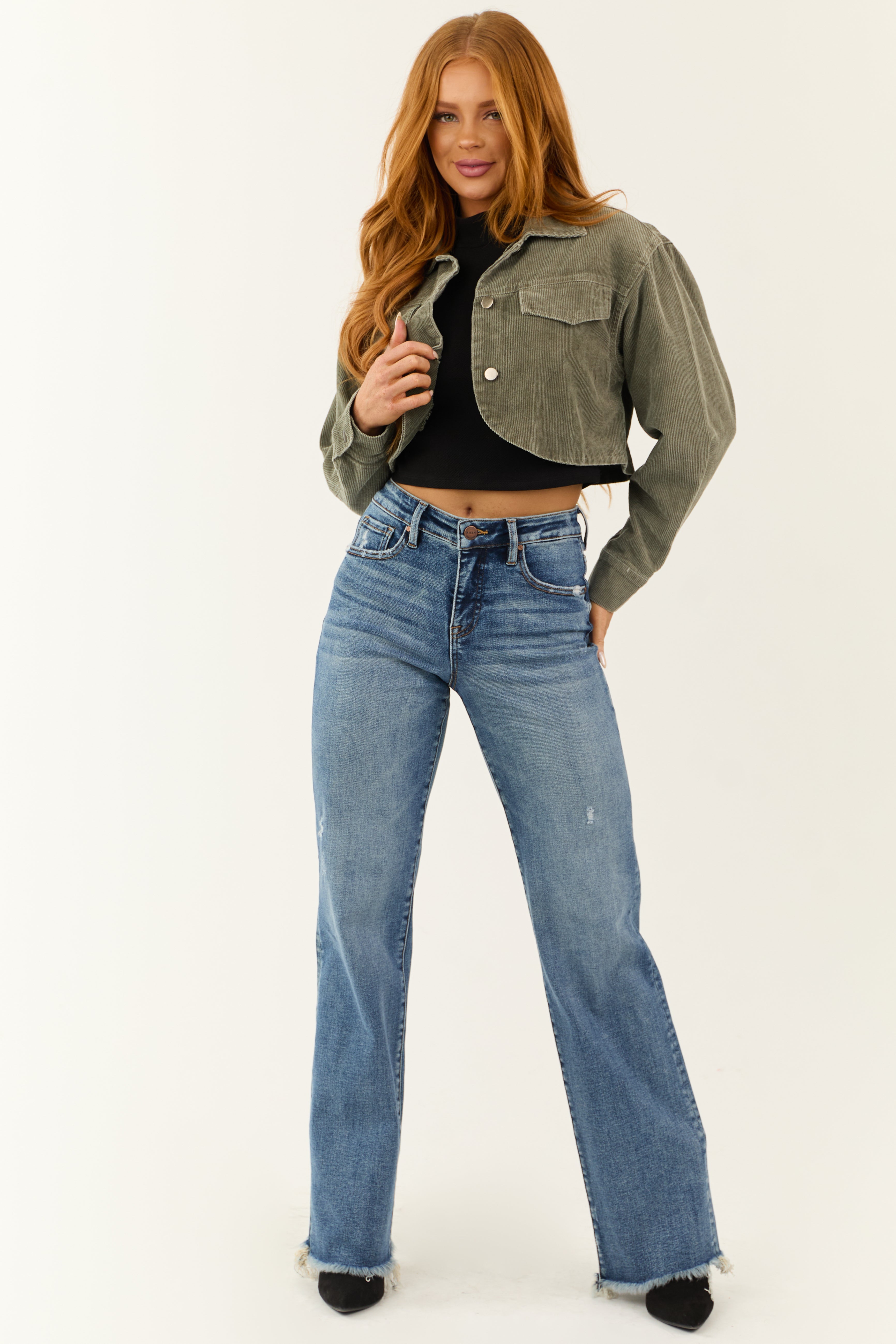 Olive Washed Corduroy Button Down Crop Jacket