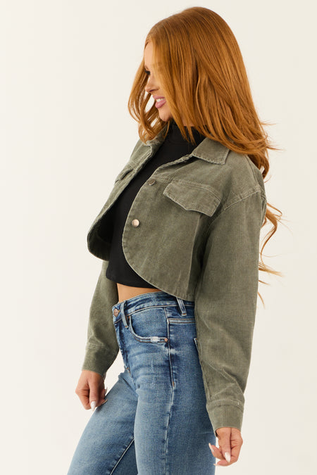 Olive Washed Corduroy Button Down Crop Jacket