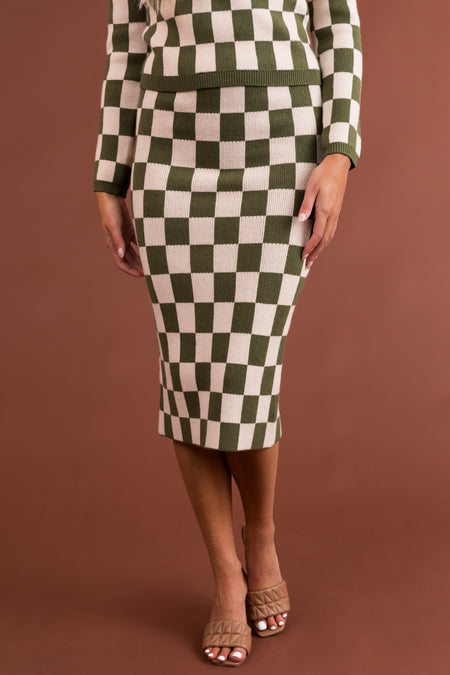 Olive and Champagne Checkered Knit Skirt