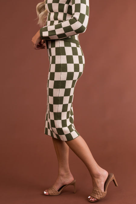 Olive and Champagne Checkered Knit Skirt