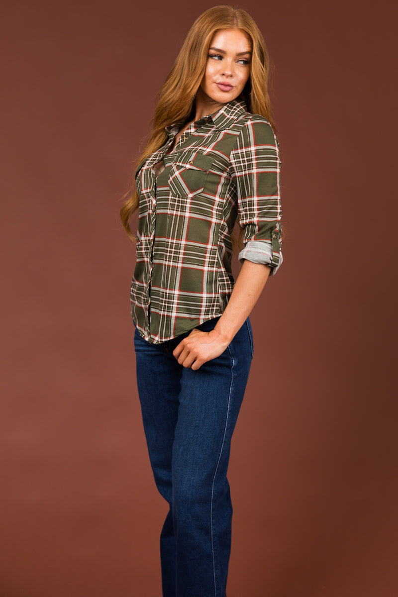 Olive and Rust Plaid Top with Chest Pocket