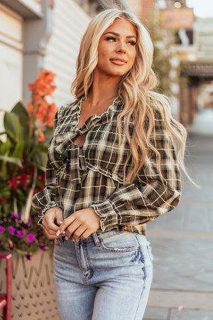 Olive Plaid Front Bow Tie Long Sleeve Top