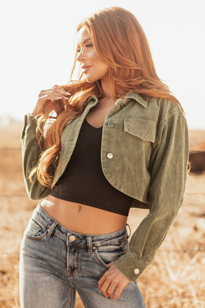 Olive Washed Corduroy Button Down Crop Jacket