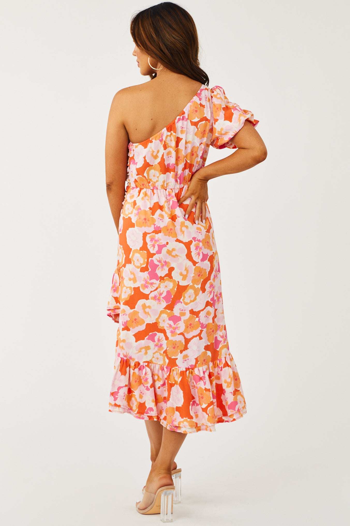 floral off shoulder high low dress