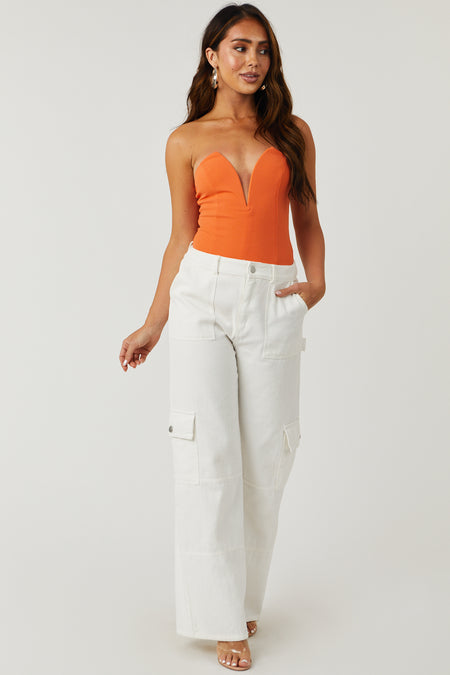 Orange Strapless Deep V Neck Bodysuit