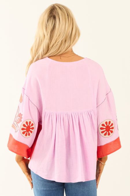 Orchid Embroidered 3/4 Sleeve Babydoll Top