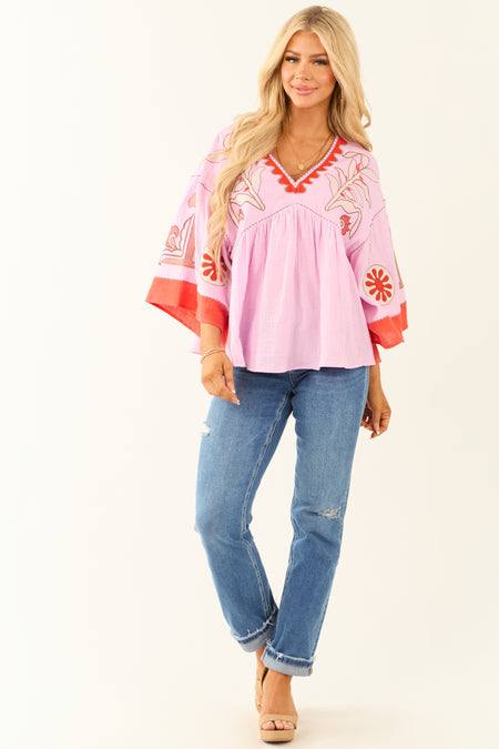 Orchid Embroidered 3/4 Sleeve Babydoll Top