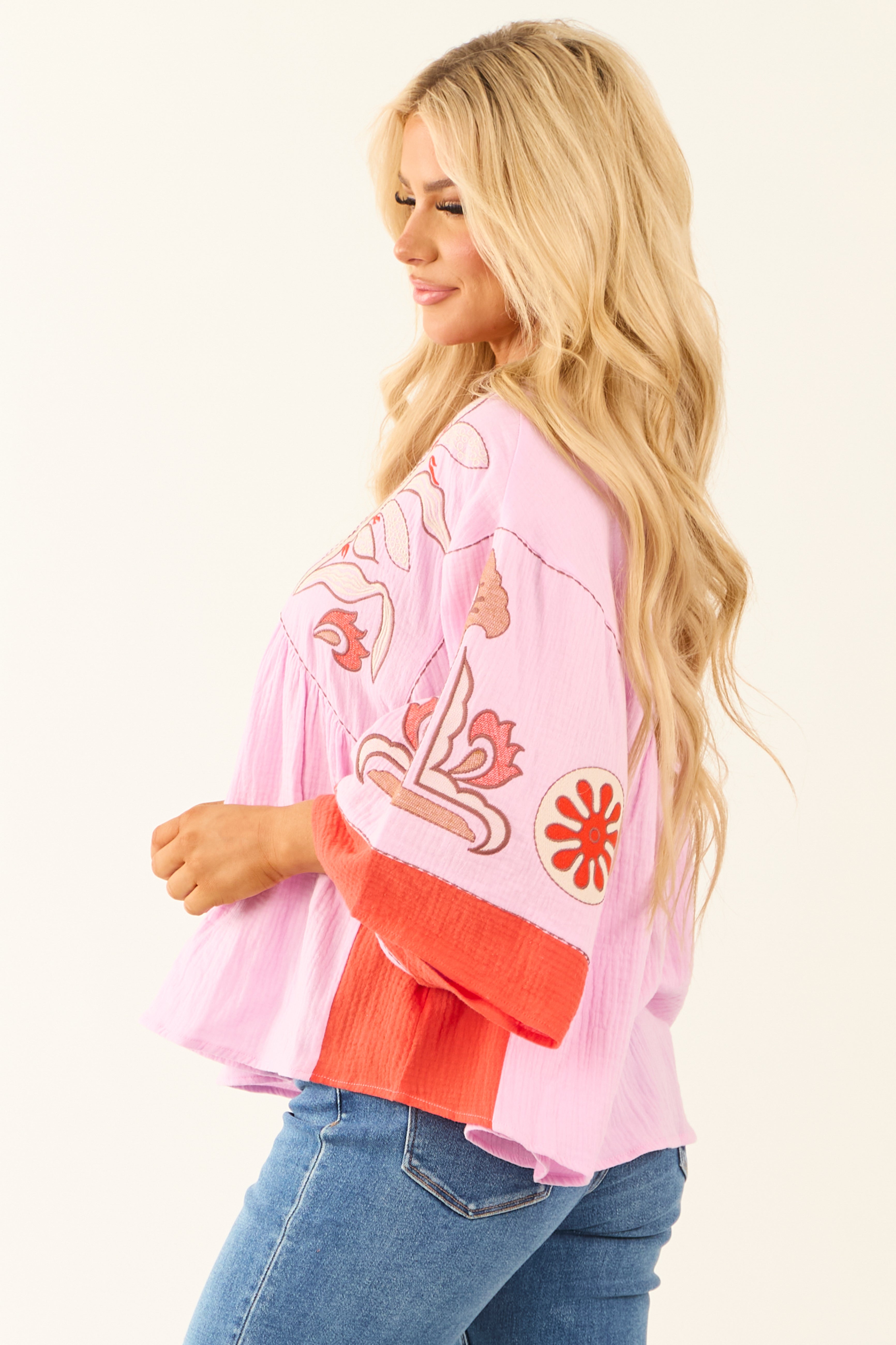 Orchid Embroidered 3/4 Sleeve Babydoll Top