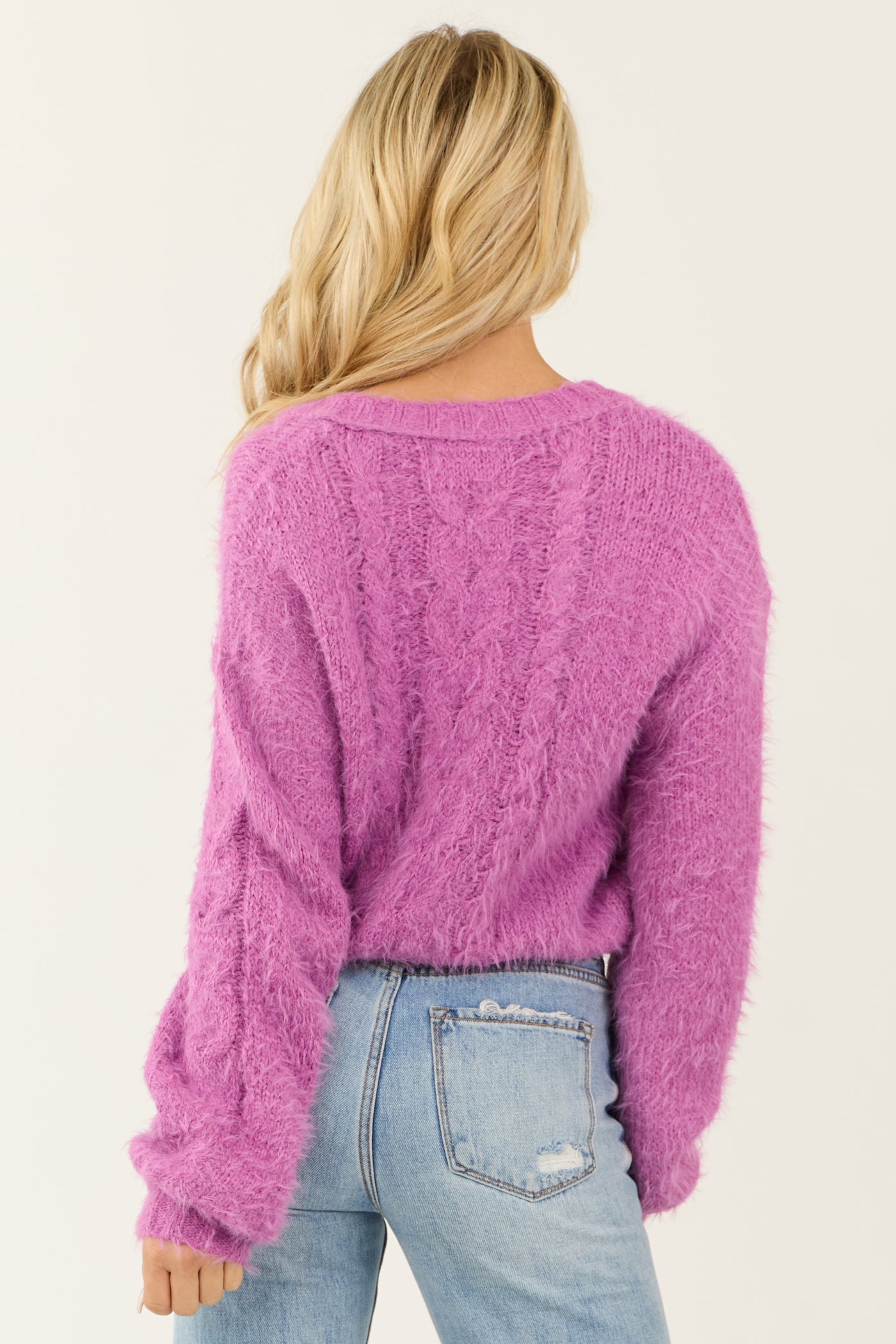 Orchid Fuzzy Cable Knit Button Up Cardigan