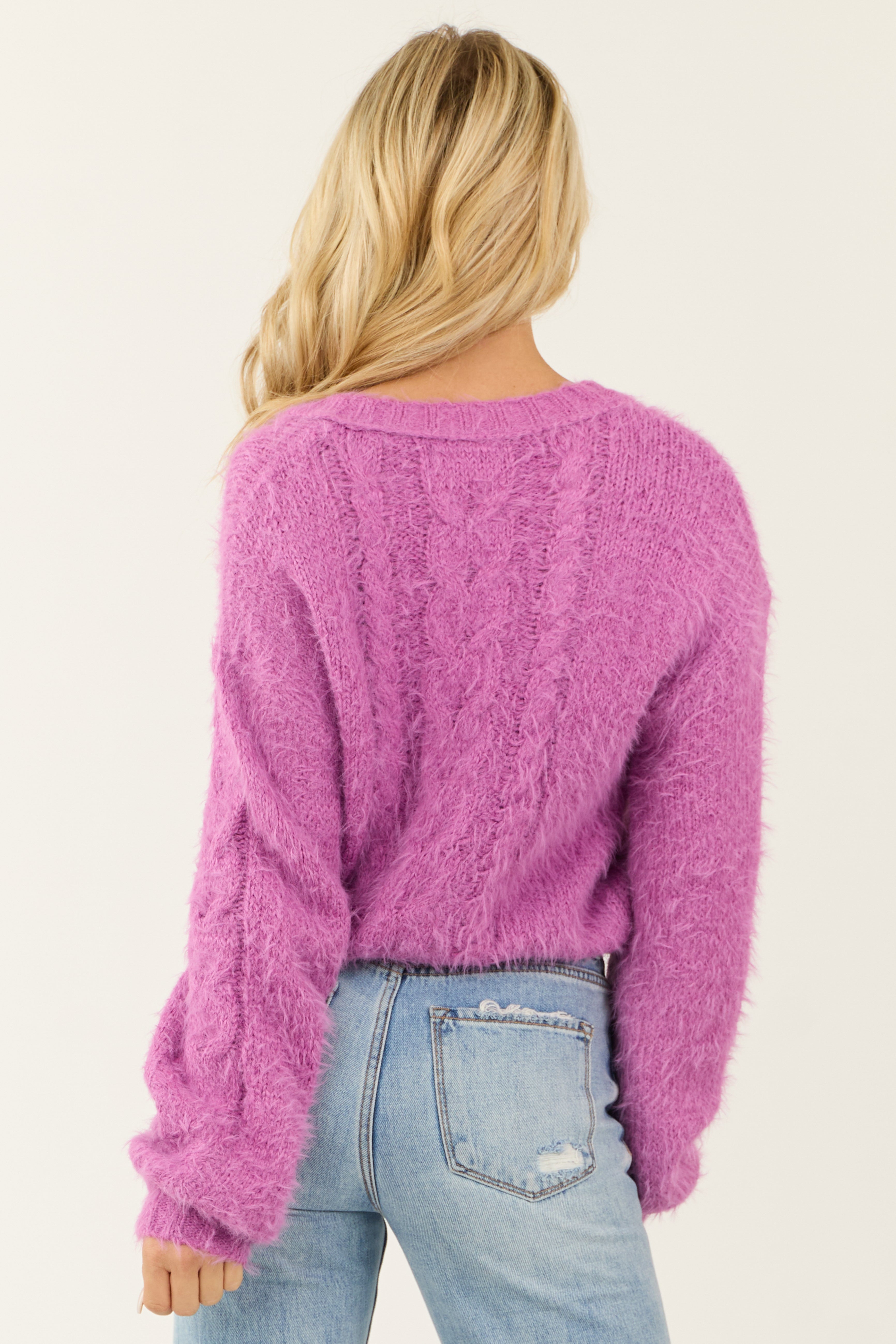 Orchid Fuzzy Cable Knit Button Up Cardigan