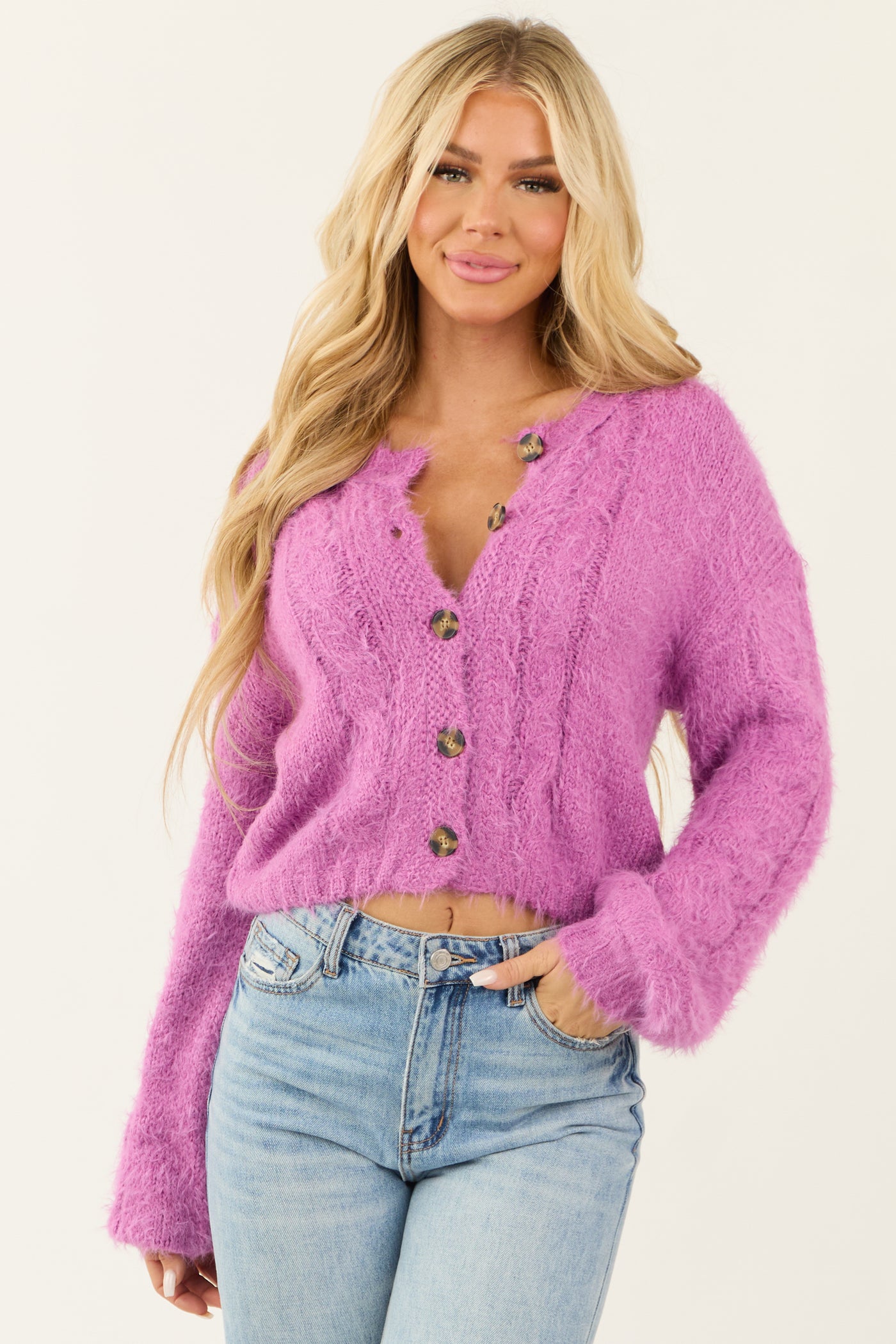 Orchid Fuzzy Cable Knit Button Up Cardigan