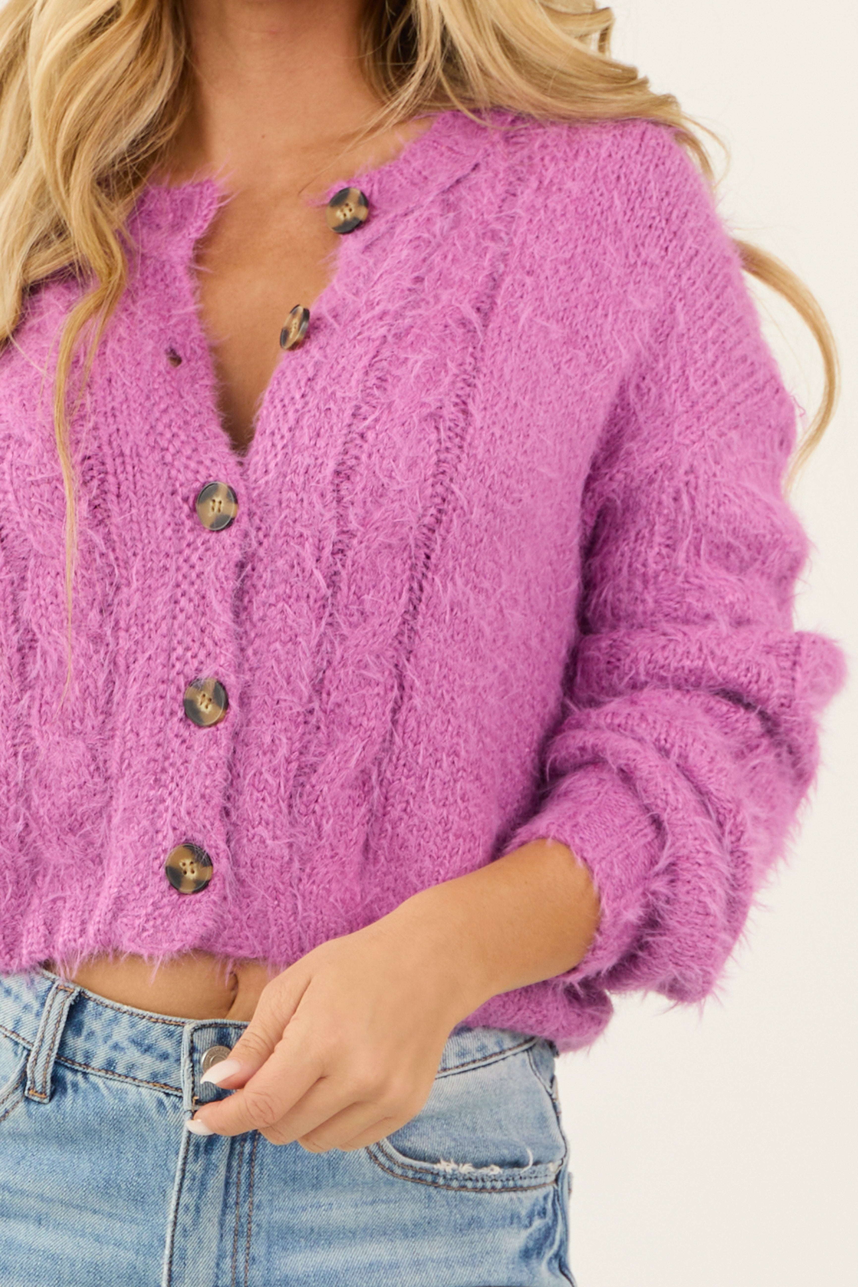 Orchid Fuzzy Cable Knit Button Up Cardigan