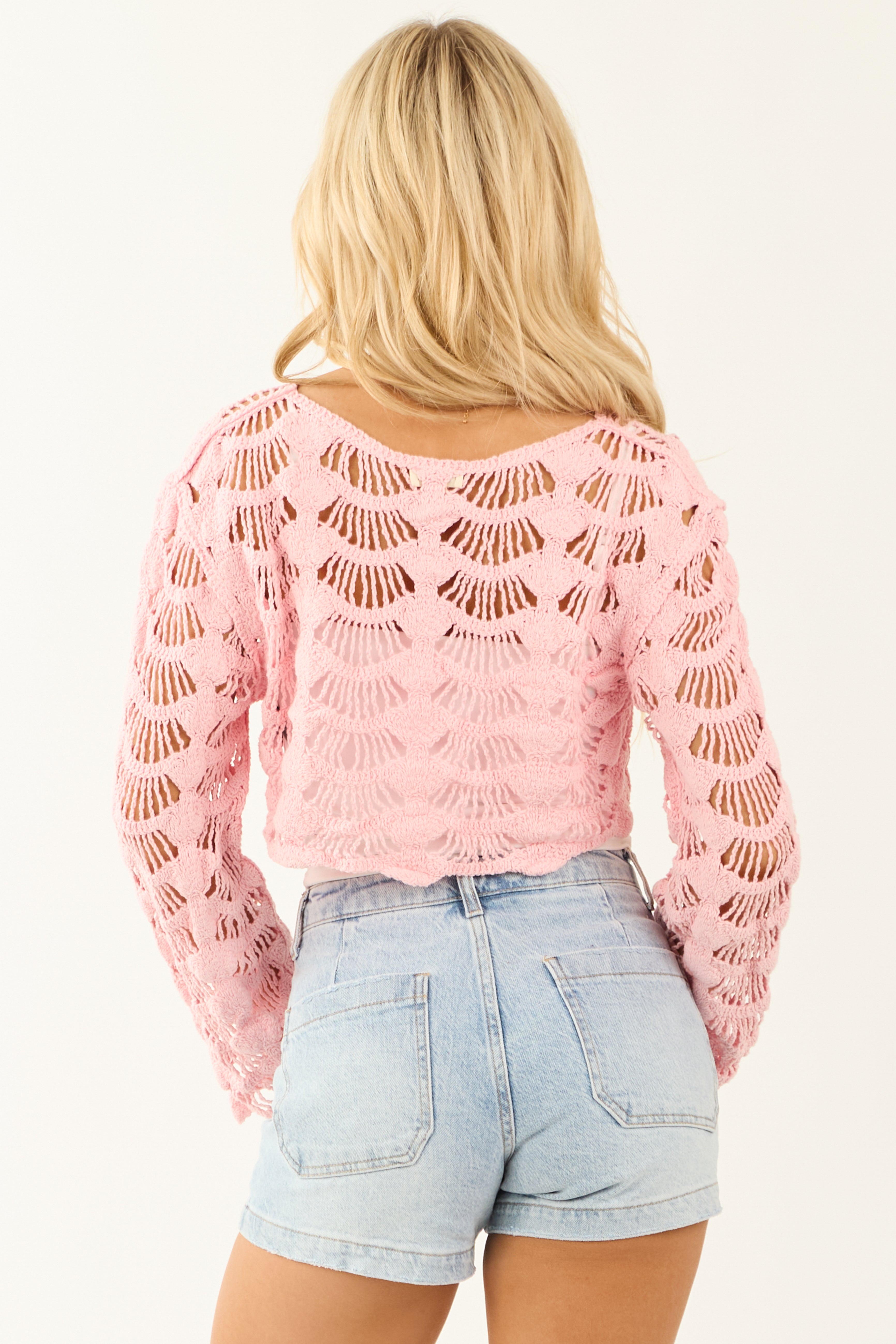 POL Baby Pink Long Sleeve Cropped Crochet Top