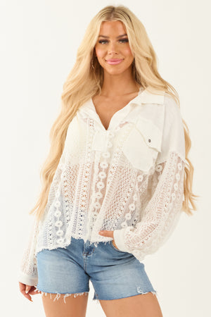 POL Ivory Long Sleeve Ribbed Panel Lace Crochet Top