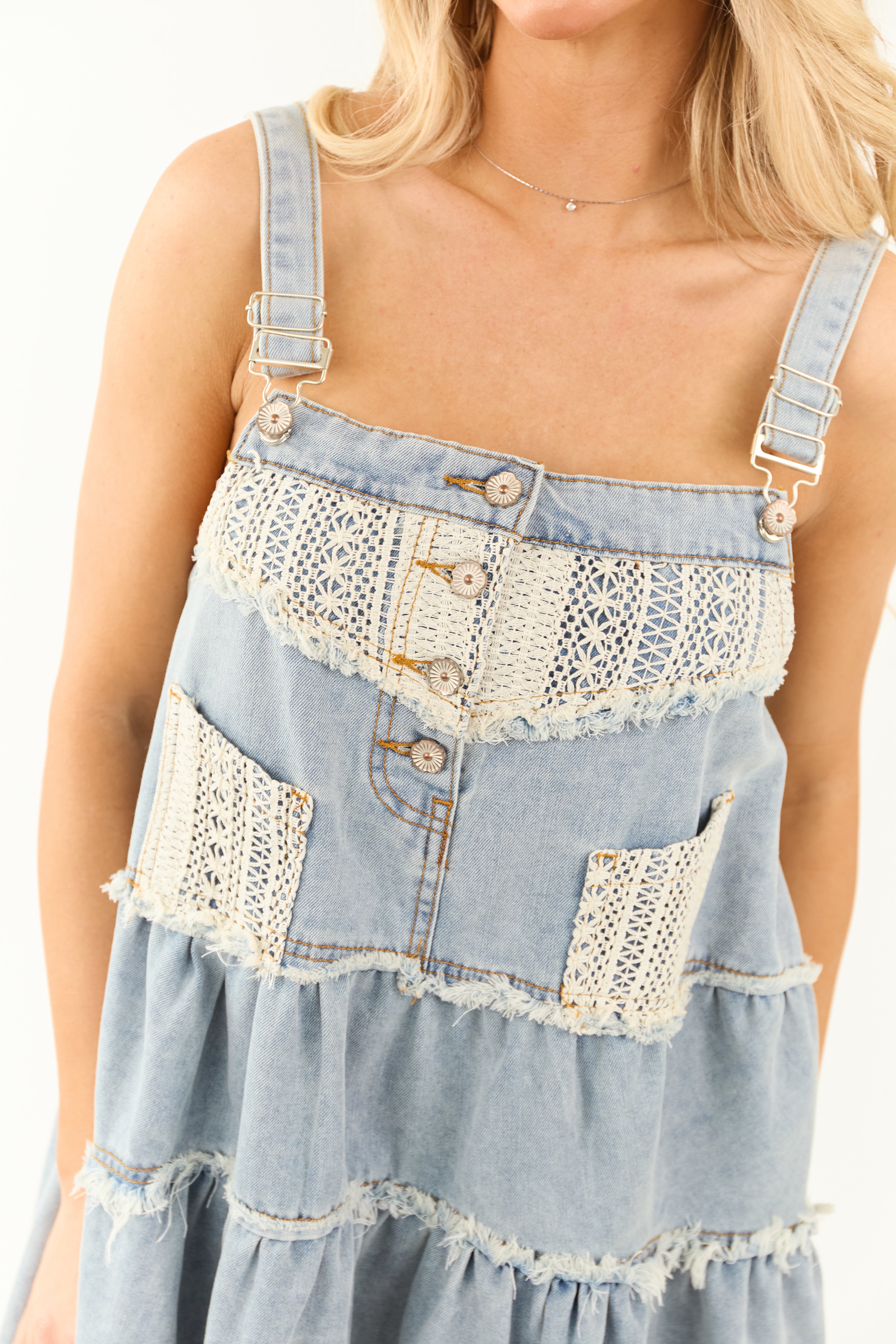 POL Light Wash Denim Button Suspender Mini Dress