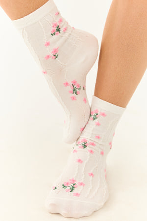 POL Off White Floral Print Crew Socks