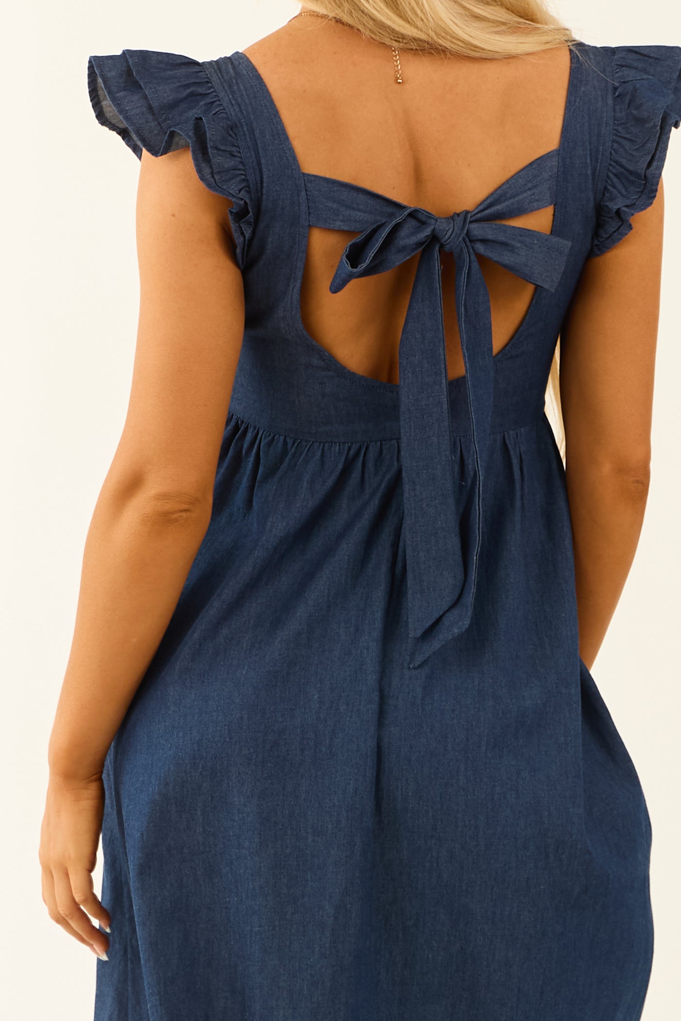 Chambray Ruffle Sleeve Babydoll Midi Dress